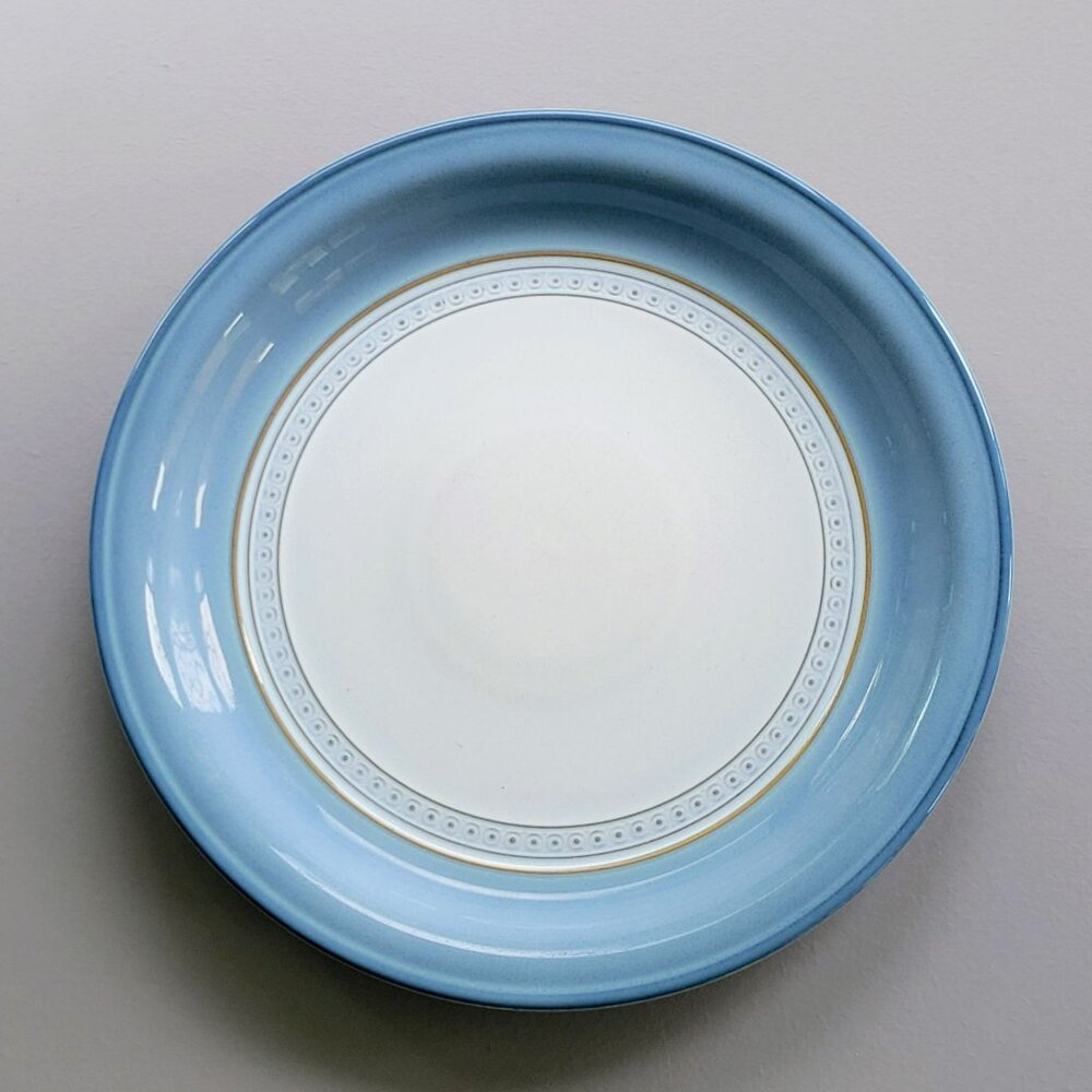 Vintage Denby Castile Dinner Plate Blue Rim Tan Embossed Accents Stoneware